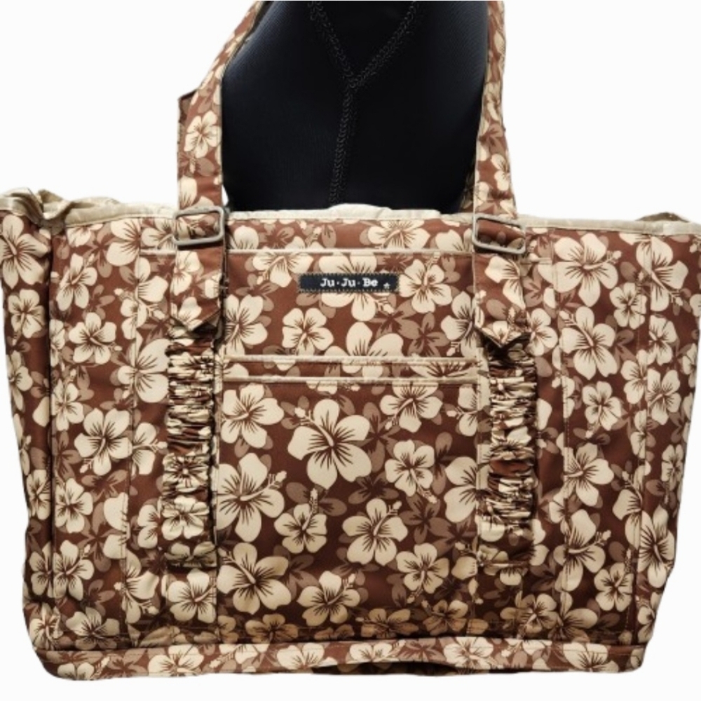 JU-JU-BE Oversized Neutral Hibiscus Print Diaper Bag with Shoulder Strap